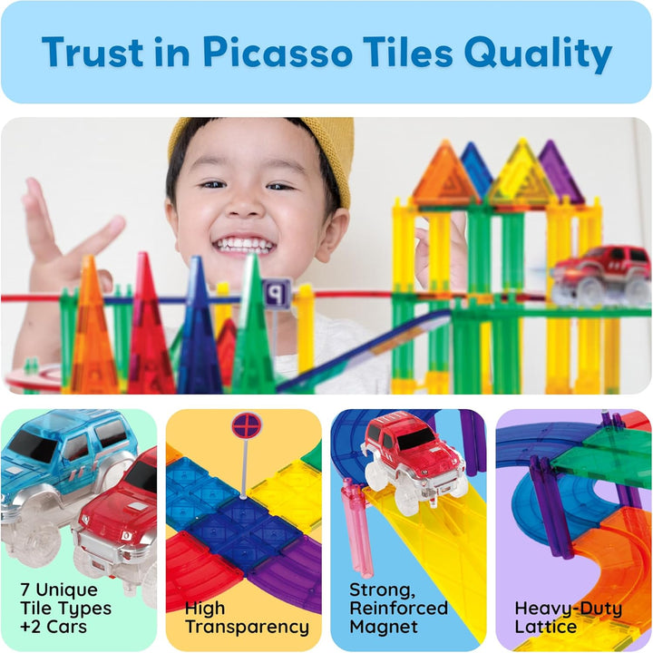 PicassoTiles 100 PCs Race Car Track Set Magnetic Toy Building Block with 2 LED Cars with Height Adju