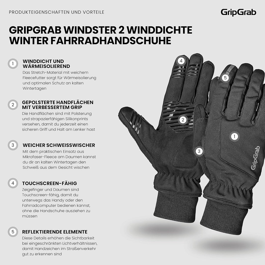 GripGrab Windster 2 Winddichte Winter Fahrradhandschuhe Gepolstert Gefüttert Thermo Touchscreen Rads