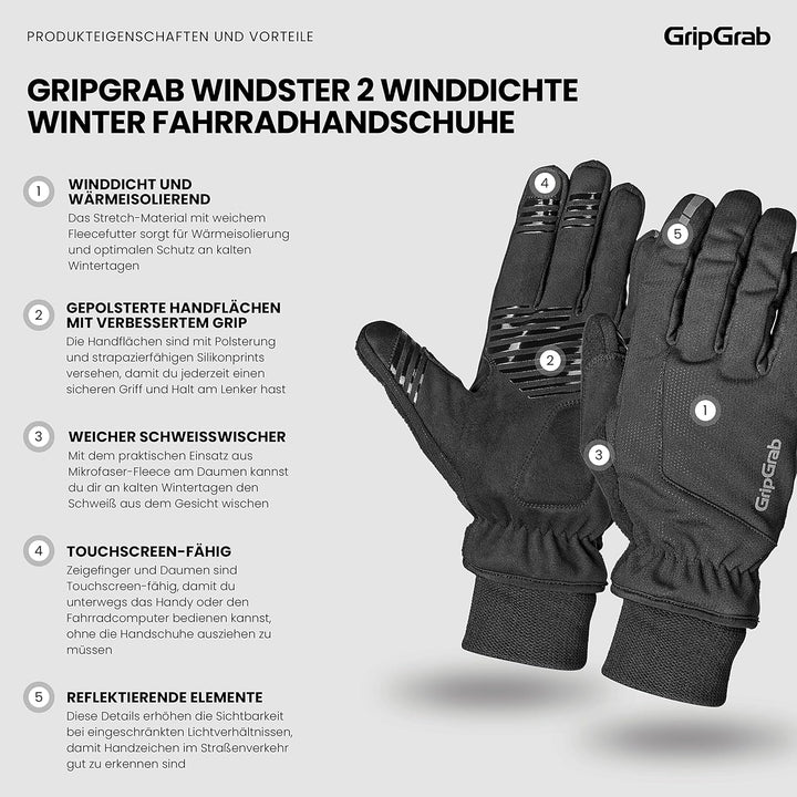 GripGrab Windster 2 Winddichte Winter Fahrradhandschuhe Gepolstert Gefüttert Thermo Touchscreen Rads