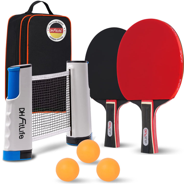 DH FitLife Tischtennisschläger Set für 2 Spieler, mit ausziehbarem mobilen Tischtennisnetz, 3 Tischt