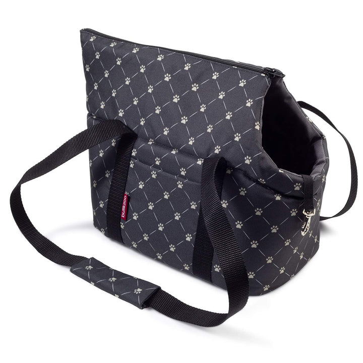 Hundetasche, Welpentasche - Schwarz/Muster: Pfoten, XS bis 3 kg - Tragetasche für kleinen und mittle
