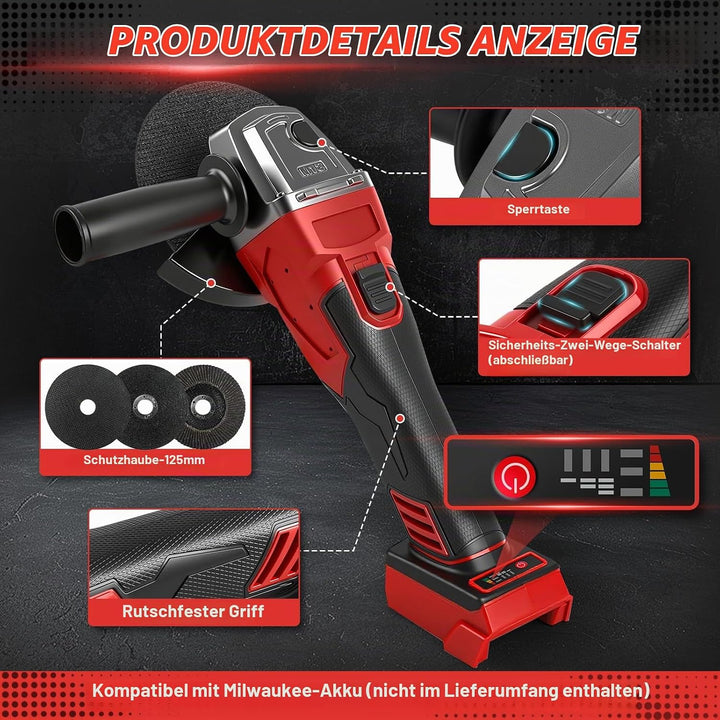 Akku Winkelschleifer für Milwaukee 18V,125mm Bürstenlos,3 Geschwindigkeiten,12000 U/min mit 4 M14 bi