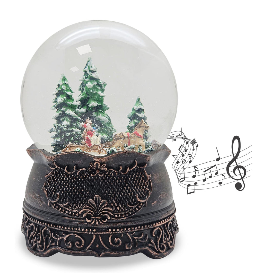 Schneekugel Weihnachten mit Musik | Weihnachtsbaum Holen | Schlittenfahrt Winterwald | Sockel Kupfer