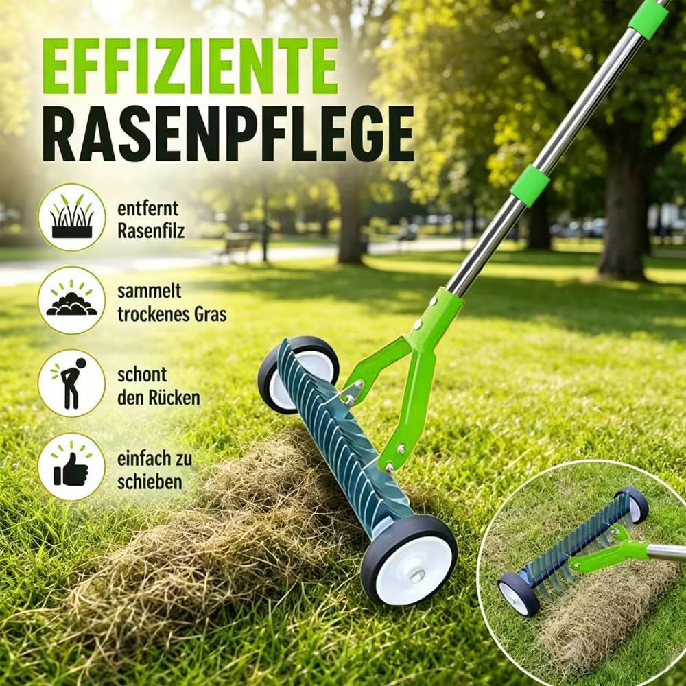 Handvertikutierer mit Rollen, Schneidrechen mit Stiel 165cm, Vertikutierer Rechen Hand mit Gartenabf