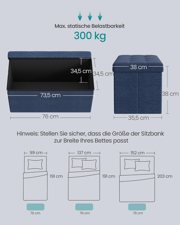 SONGMICS Sitzhocker mit Stauraum, klappbare Sitzbank, 38 x 76 x 38 cm Fussbank, Aufbewahrungsbox, bi