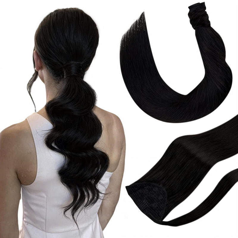 Hetto Echthaar Zopf Schwarz 40CM Extensions Echthaar Zopf Remy Haarverlangerung Zopf Schwarz 