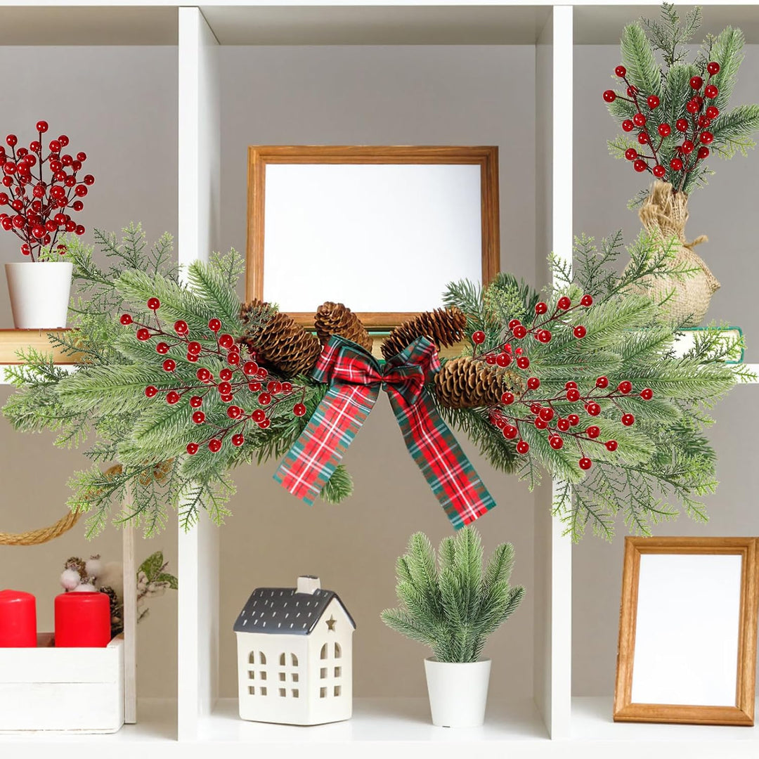 Famibay 36 Stück Tannenzweige Künstlich Rote Beeren Zweige Tannenzweige Weihnachten Kiefernzweige Ku