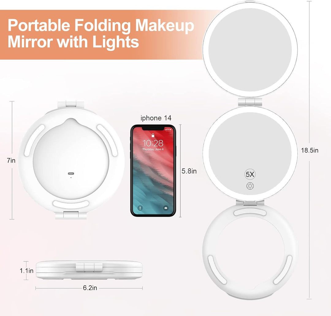FUNTOUCH Wiederaufladbarer Schminkspiegel mit Beleuchtung, Reisespiegel mit 1X / 5X Vergrösserung, 3