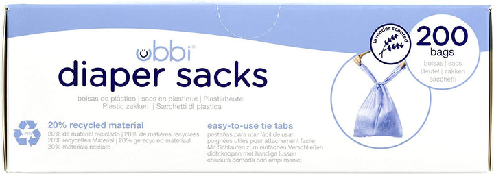 Ubbi Disposable Nappy Sacks, Lavender Scented, Easy-To-Tie Tabs, Baby Nappy Disposal, 200 Count (Pac