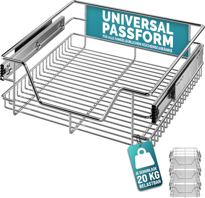 Casaria® 3x Teleskopschublade Nachrüsten Schublade Küche 50cm 20kg Belastbar Verchromt Korbauszug mi