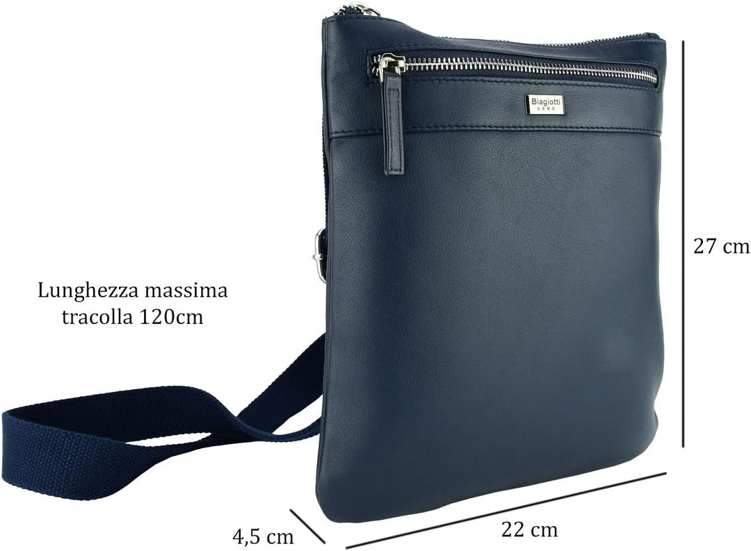 Biagiotti Herren-Handtasche mit verstellbarem Schultergurt, mehrere Taschen aus echtem Leder Blau Gr