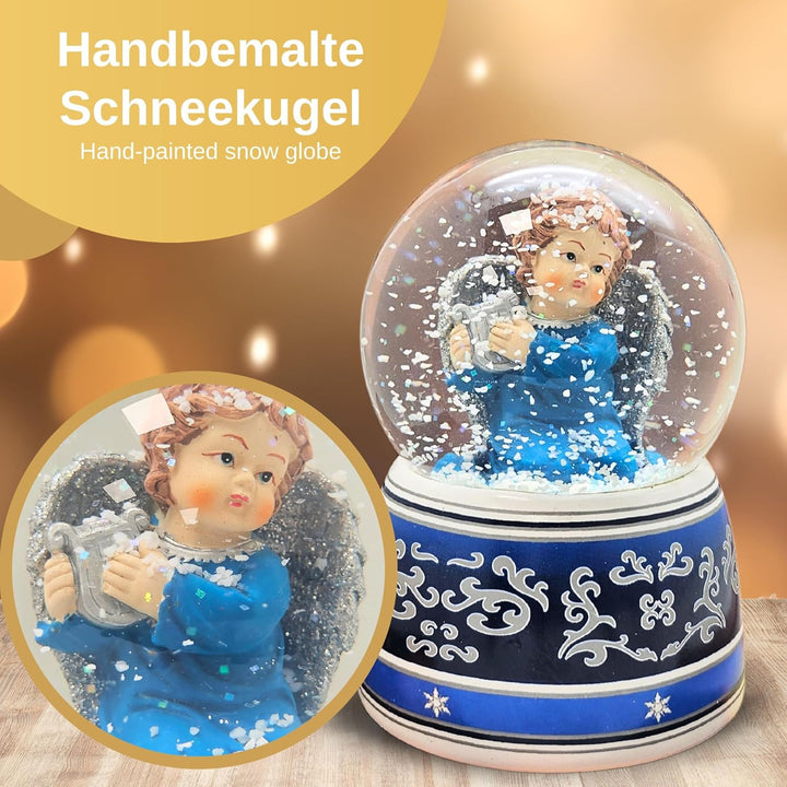 Schneekugel Weihnachten mit Musik | Engel blau mit Harfe Silber | Sockel blau-Silber Ornamente | H: