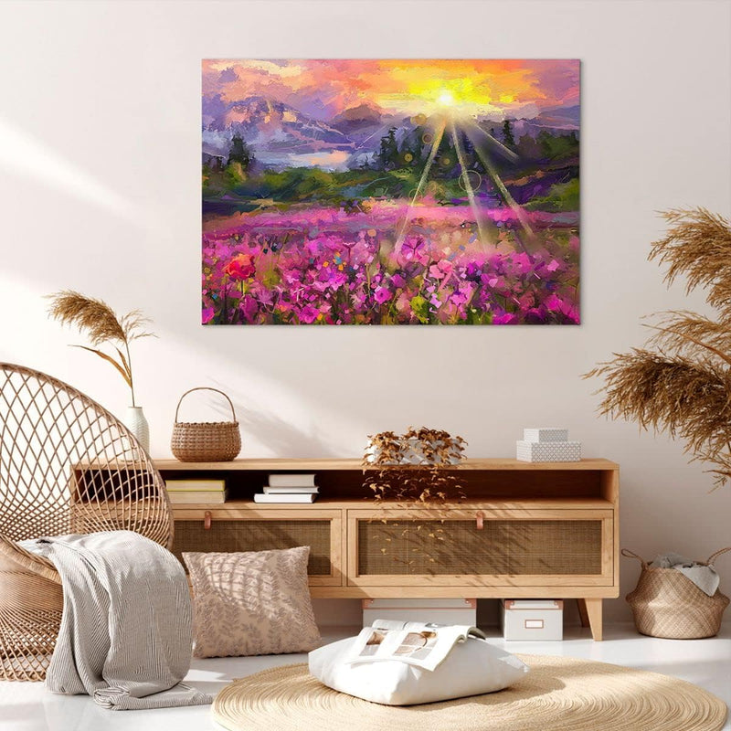 Bilder auf Leinwand 100x70cm Leinwandbild mit Rahmen Berge Blumen Blumen Gross Wanddeko Bild Schlafz