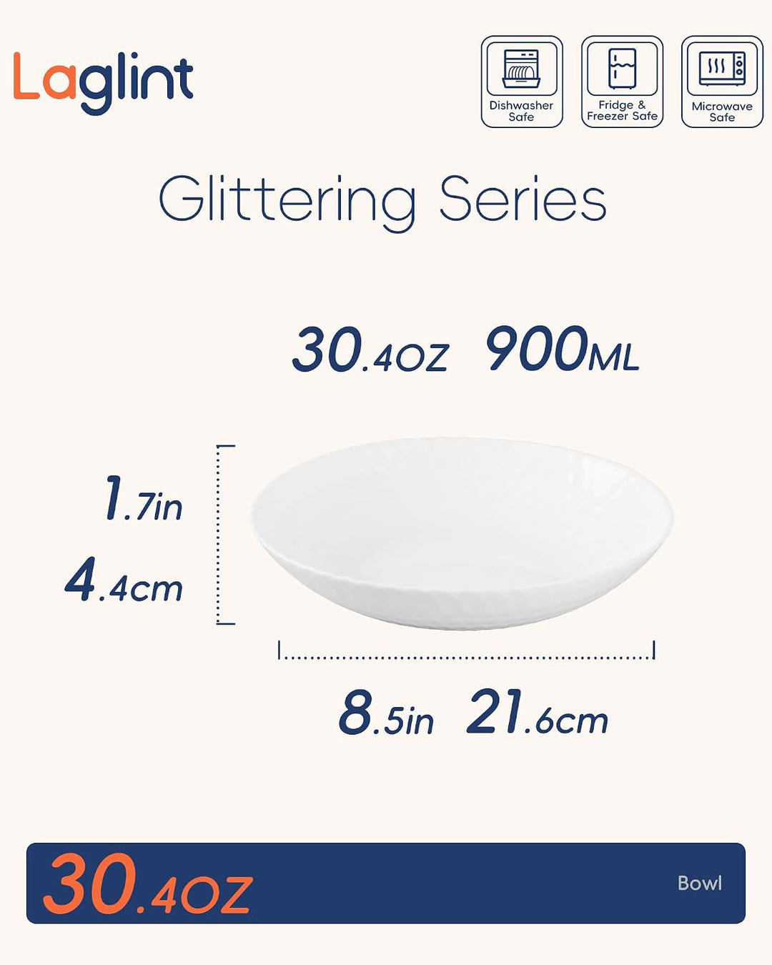 LaGlint 6er Set Opalglas-Pastaschalen, 887 ml, 21,5 cm, flache runde Schalen, weiss, mikrowellen- &amp;