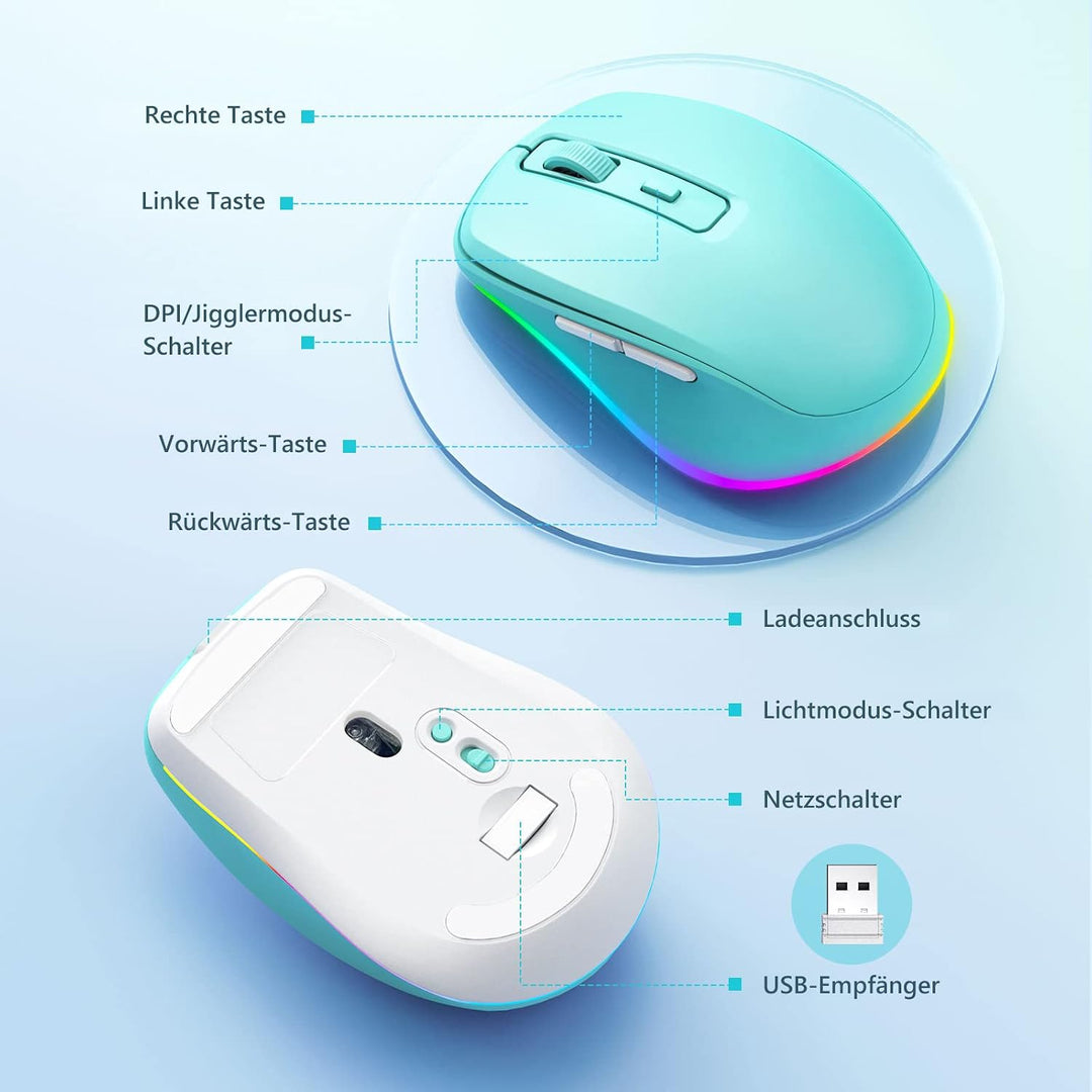 seenda Kabellose Maus mit Jiggler, RGB-Beleuchtung, 2000 DPI, Blaugrün | Wiederaufladbare 2.4G USB V