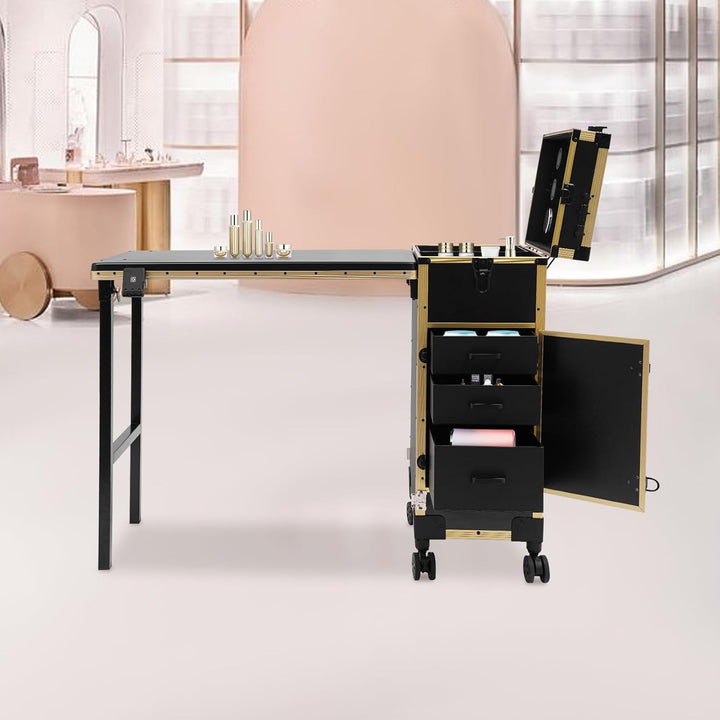 Professioneller Schminkkoffer mit Klappbarer Tisch, Rollender Friseurkoffer mit Spiegel & 3 Schublad
