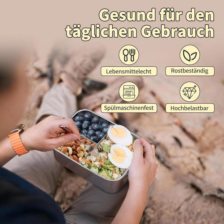 Onader Edelstahl Brotdose mit Fächern, 2400ml Gross Bento Box Lunchbox mit Abnehmbar Trennwand, Meta