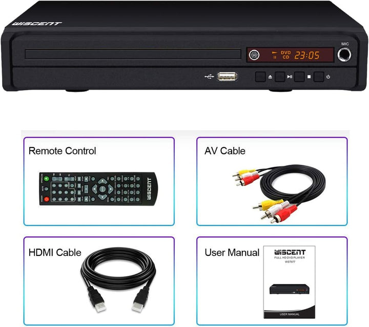 WISCENT DVD-Player für TV mit HDMI/AV/Koaxial Ausgang(HDMI Kabel enthaltenl),USB 2.0 Mediaplayer,All