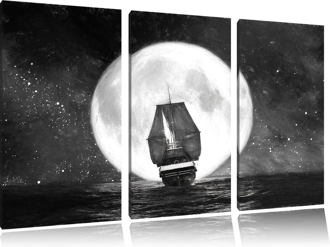 Pixxprint Segelschiff bei Vollmond Kunst / 3-Teilig/Gesamtmass 120cm Leinwandbild bespannt auf Holzr