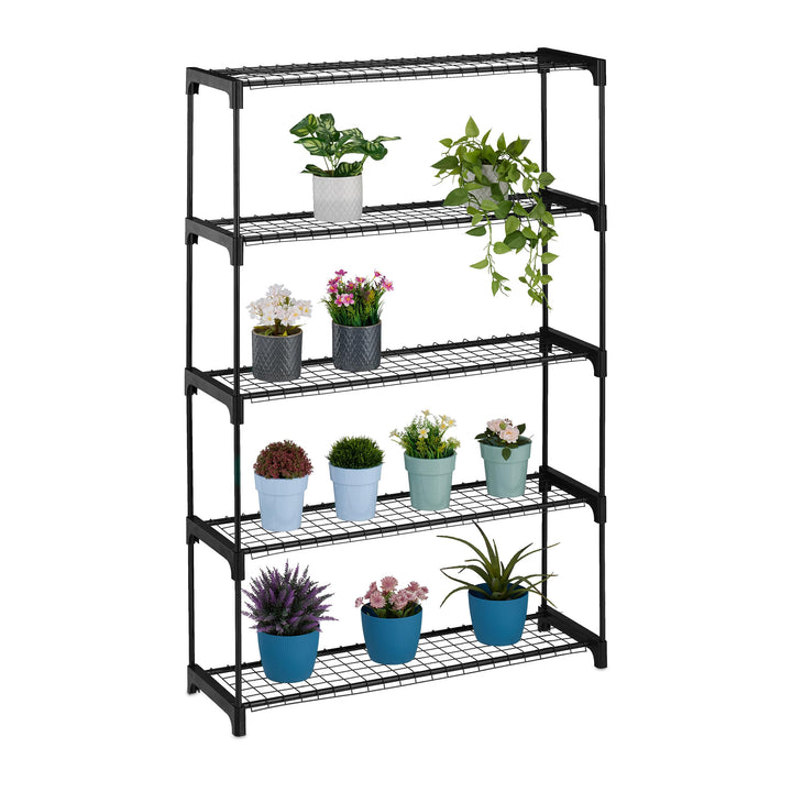 Relaxdays Blumenregal, 5 Ablagen, Blumen- & Pflanzentöpfe, Metall & Kunststoff, HBT: 140x91x28 cm, K