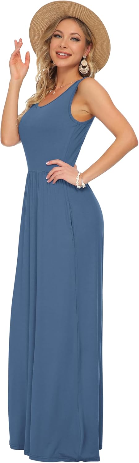 AUSELILY Damen Sommer Ärmelloses Lockeres Maxikleid Lässiges Langes Kleid mit Taschen Beja Blau XL,