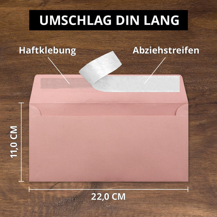 100 Brief-Umschläge DIN Lang - Altrosa (Rosa) - 110 g/m² - 11 x 22 cm - sehr formstabil - Haftklebun