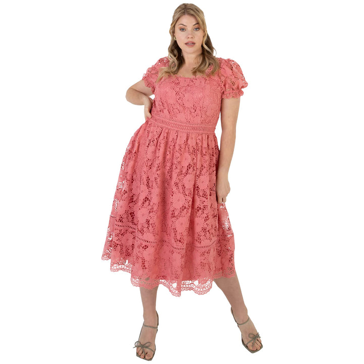 Lovedrobe Damen Ladies Lace Midi Sun Dress Plus Size Women Curve Short Puffed Sleeve Square Neckline
