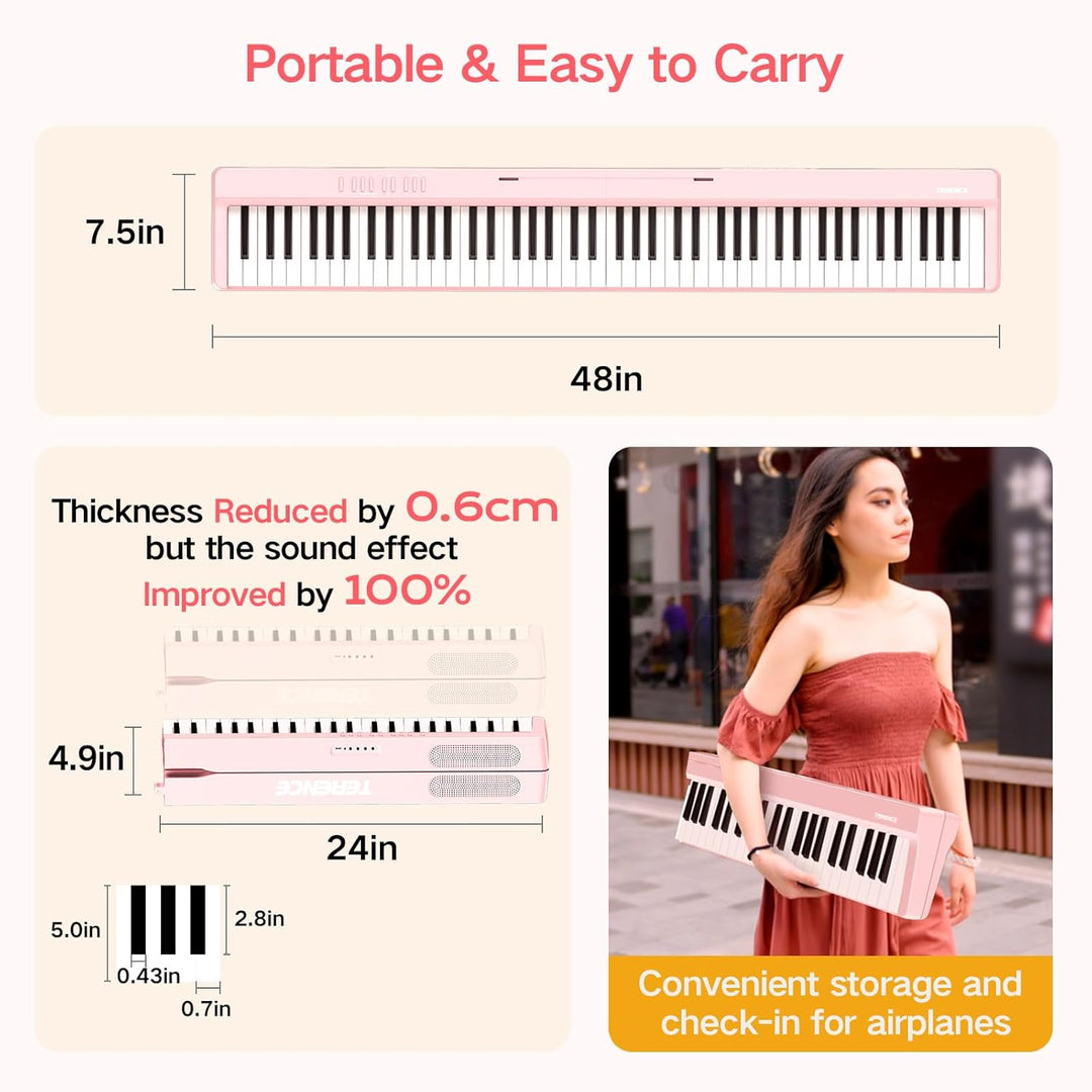 TERENCE E Piano 88 Tasten Rosa, Keyboard Piano mit Halbgewichtet, Faltbares Klavier mit Aufnahme und