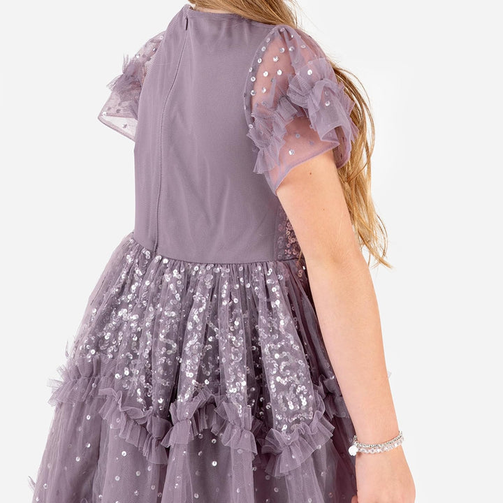 Maya Deluxe Mädchen Girl's Sequin Ruffles Sparkling Party Short Sleeve Midi Wedding Guest Tutu Frill