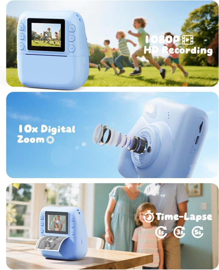 CAMCLID Kinderkamera Sofortbildkamera, 1080P Sofortbildkamera Kinder mit 32GB Karte & 3 Rollen Druck