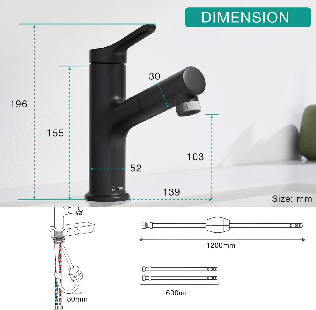 DETBOM Wasserhahn Bad mit Ausziehbar Brause, Armatur Badezimmer mit 2 Strahlarten, Einhebelmischer W