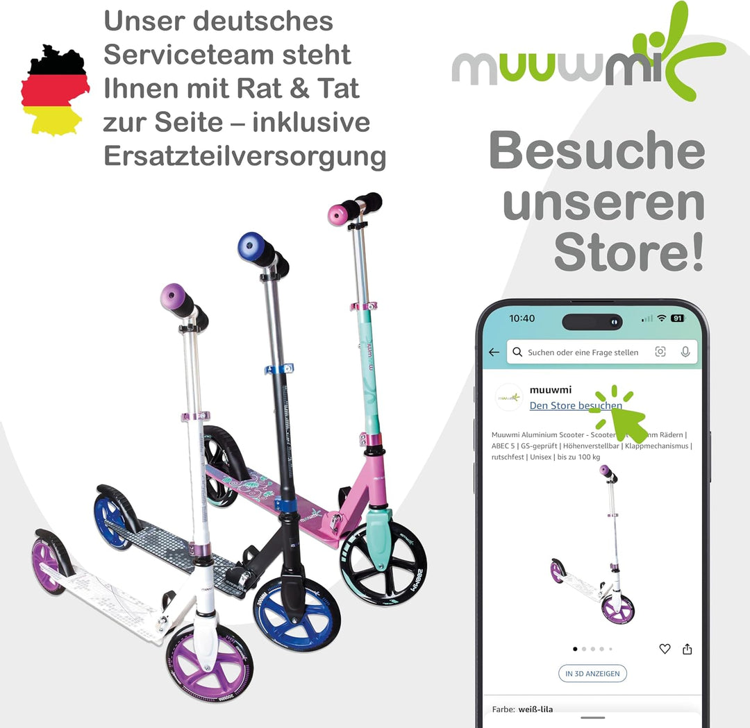 muuwmi Aluminium Scooter Pro – Tretroller, 215 mm, ABEC 7, für Kinder und Erwachsene, GS-geprüft, hö
