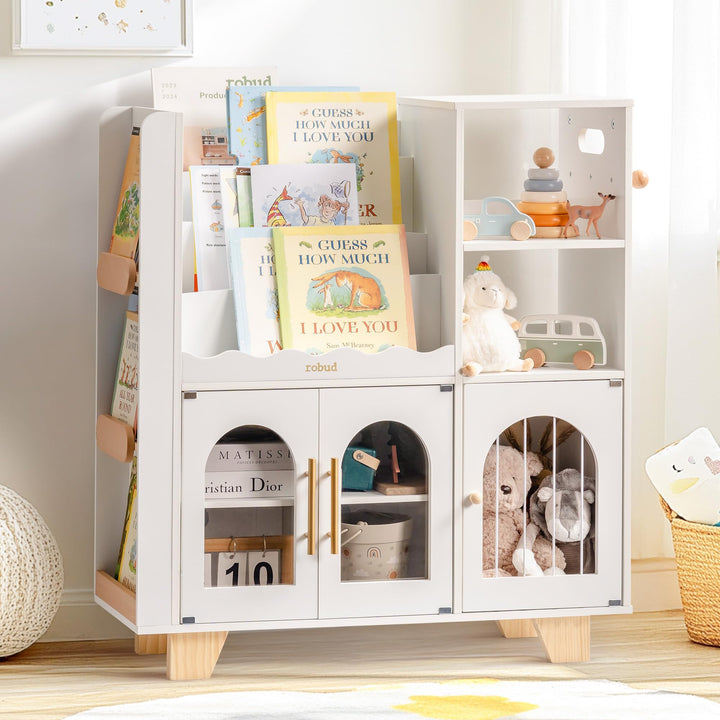 ROBUD Kinder bücherregal Weiss, Holz Standregal,mehrstufig, mit Spielzeugaufbewahrungszone, Kindersc
