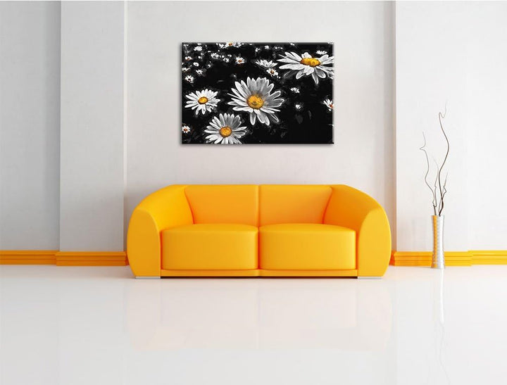Dark viele kleine Margariten schwarz/weiss Deluxe Format: 120x80 cm auf Leinwand, XXL riesige Bilder