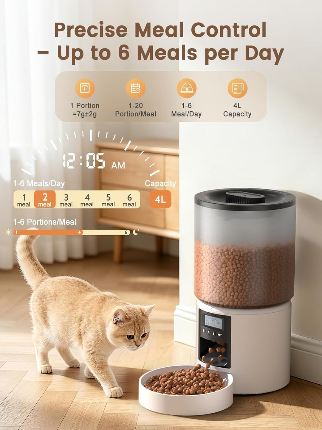 Futterautomat Katze 4L mit Timer, Katzenfutter Automat programmierbar 1–6 Fütterungen Portionskontro