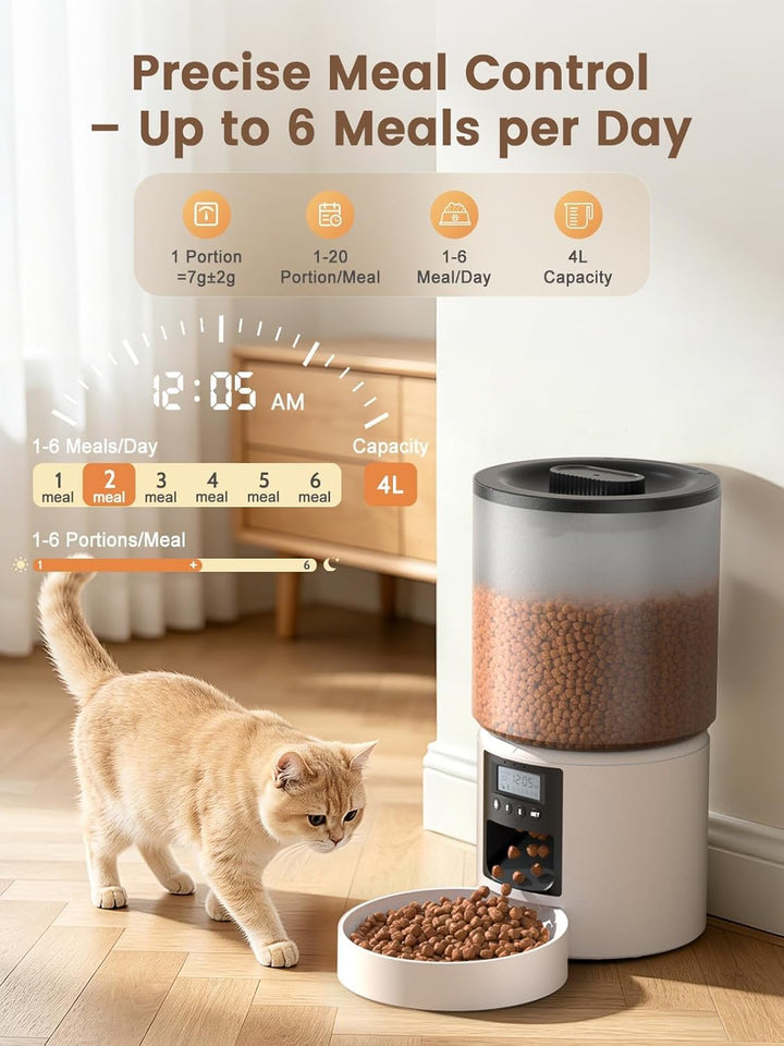 Futterautomat Katze 4L mit Timer, Katzenfutter Automat programmierbar 1–6 Fütterungen Portionskontro