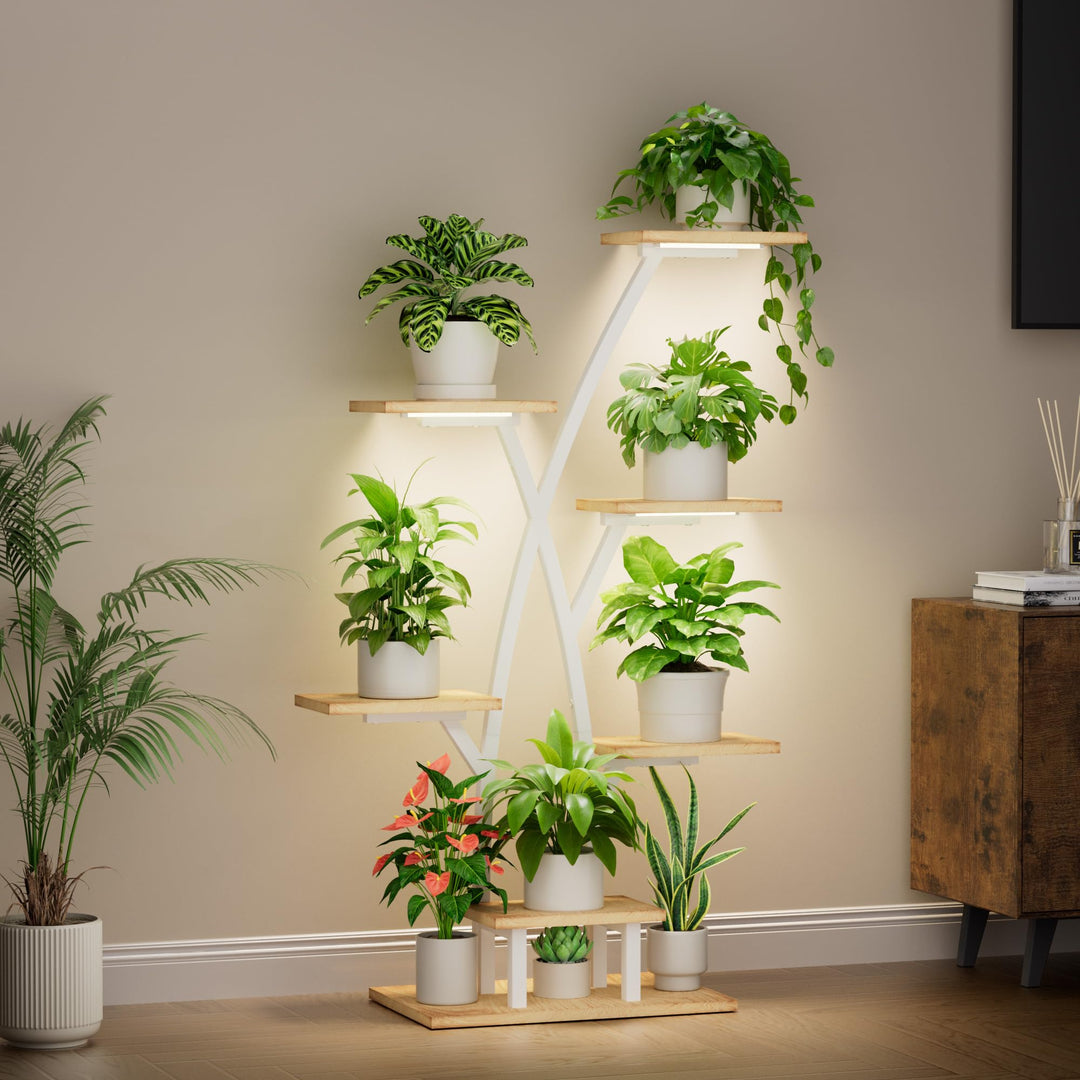 Pflanzenständer mit Wachstumslicht - 7 Ebenen Blumenständer 105cm Metall Holz Pflanzenregal - Innen