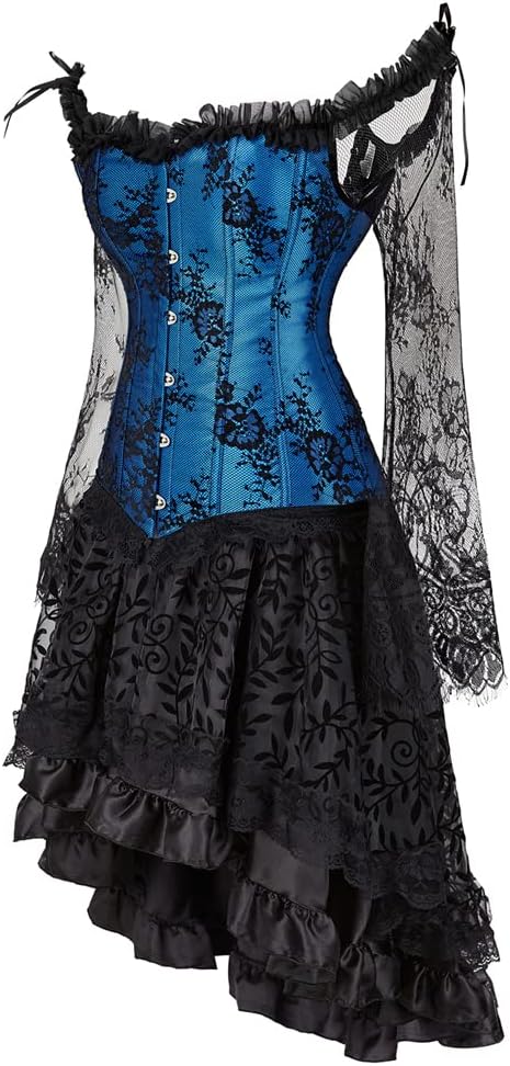 Grebrafan Gothic Korsett Corsage Taillen Korsett Dirndl Bluse Trachten Shirt mit Tüllrock 44-46 Blau