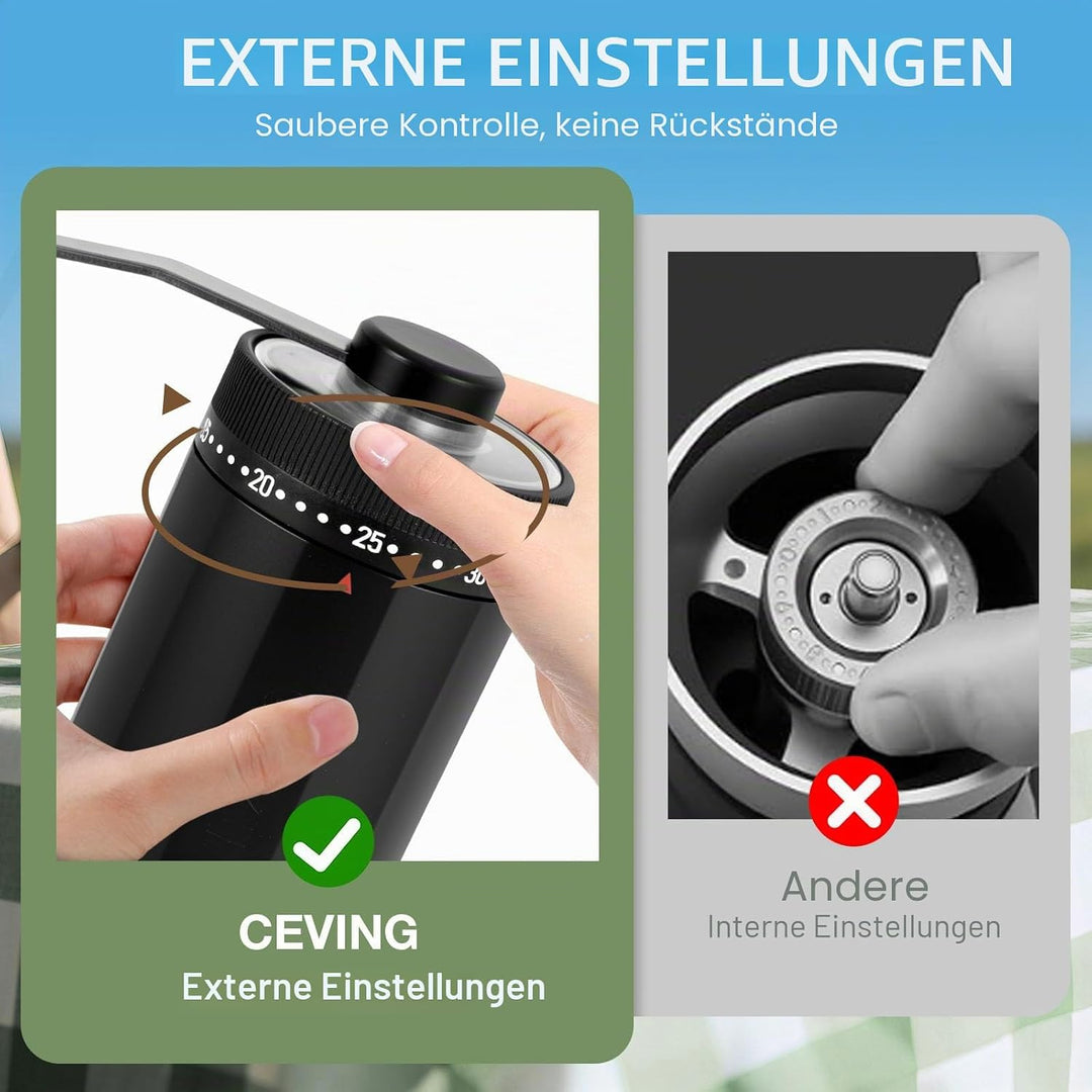 Manuelle Mini-Kaffeemühle mit 40 einstellbaren Einstellungen, tragbare Hand-Kaffeebohnenmühle mit 30