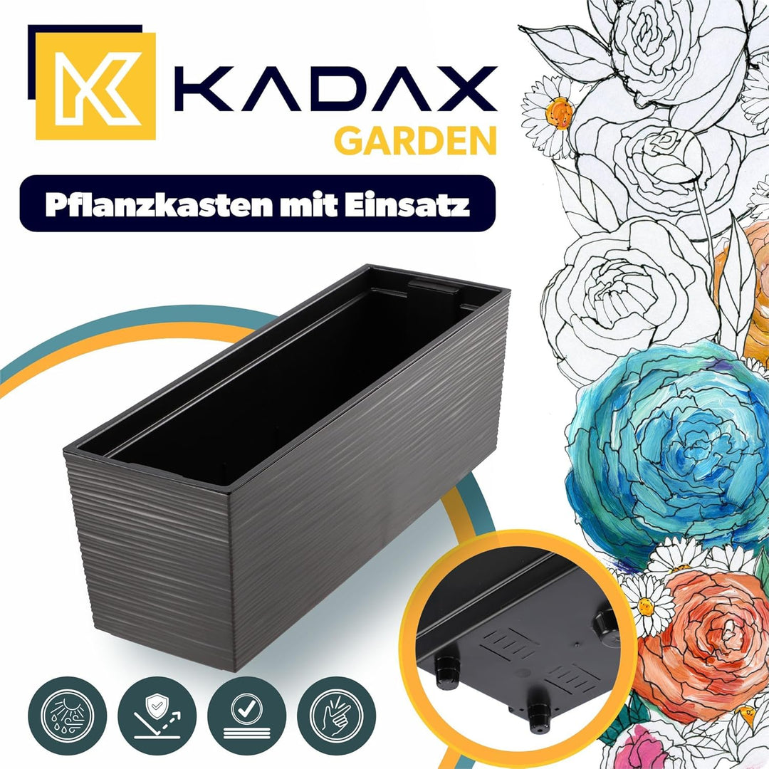 KADAX Blumenkasten 18,5x56 cm, Ritzmuster, Grafit, mit Einsatz – wetterfester rechteckiger Pflanzkas