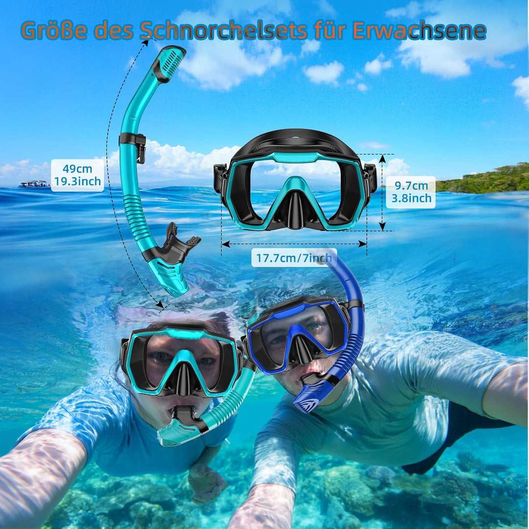 Schnorchelset Erwachsene mit Flossen, Tauchermaske, Dry Top Schnorchel und Tragetasche Aquagrün+schw