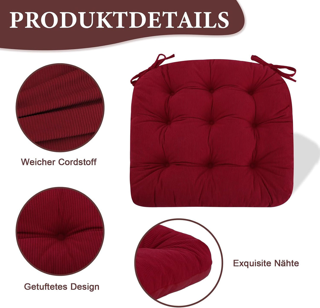 2er Set Stuhlkissen, 45x45x7 cm, Rot – Bequeme Sitzkissen aus Cordstoff und Kristallsamt mit Bindebä