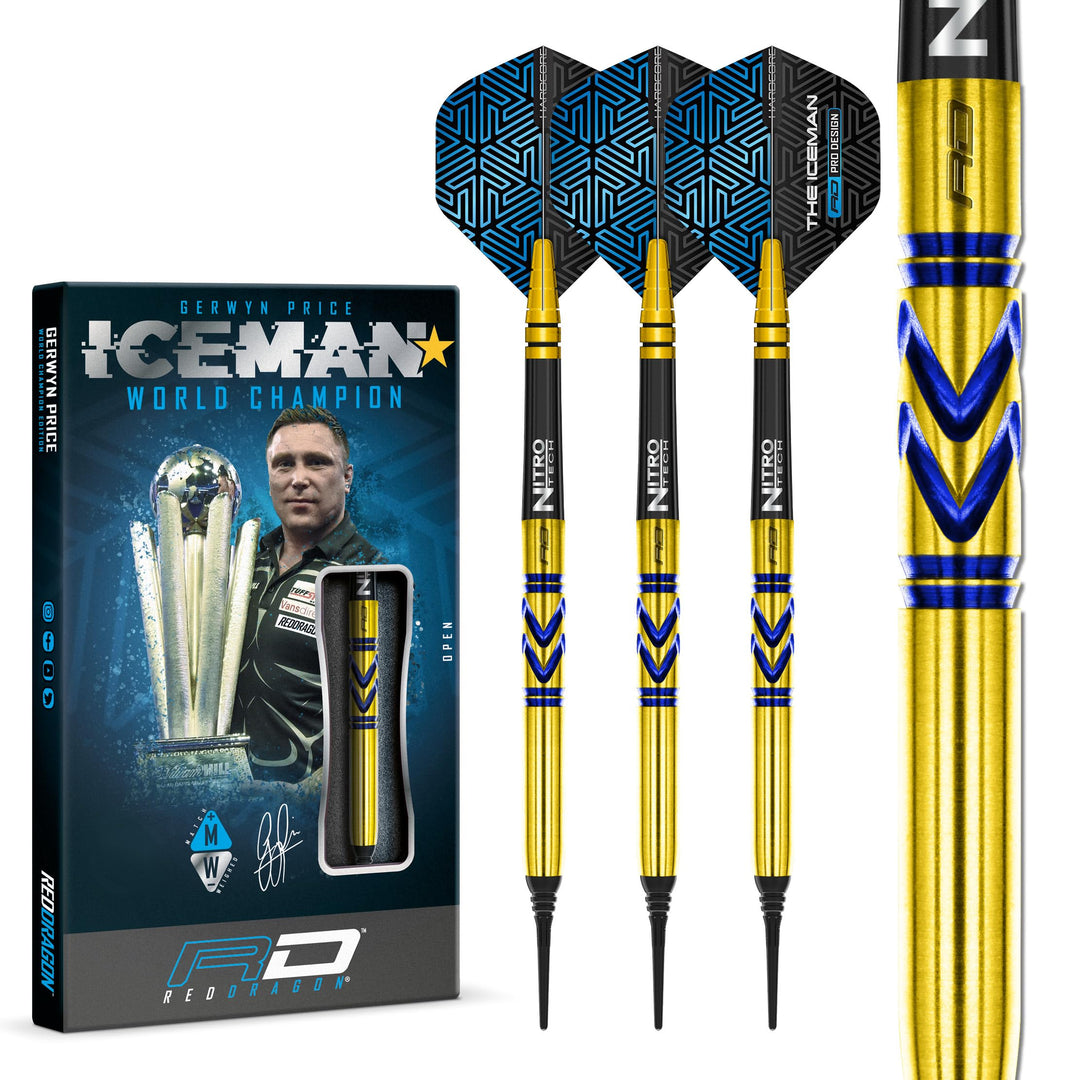 RED DRAGON Gerwyn Iceman Price Avalanche Pro Gold Premium Tungsten Darts Set mit Flights und Stielen