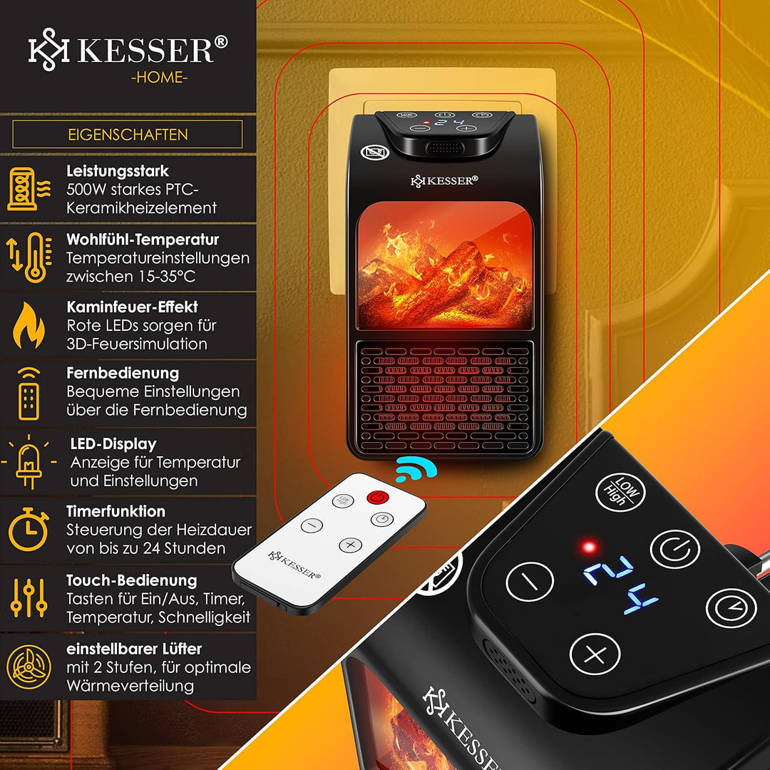 KESSER® Steckdosen Heizlüfter Energiesparend Mini mit Kaminfeuereffekt Fernbedienung LCD Display Ker