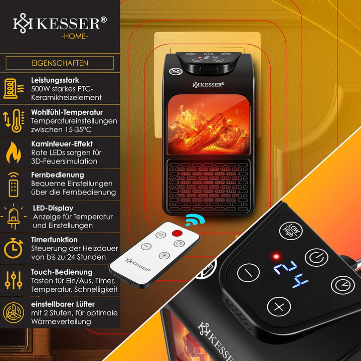 KESSER® Steckdosen Heizlüfter Energiesparend Mini mit Kaminfeuereffekt Fernbedienung LCD Display Ker