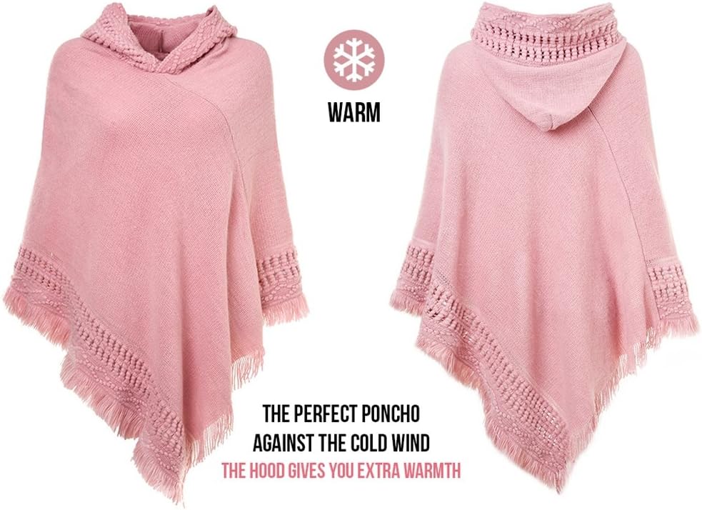 Ferand Damen Poncho mit Kapuze und gehäkeltem Cape mit Fransensaum für Herbst Winter Einheitsgrösse