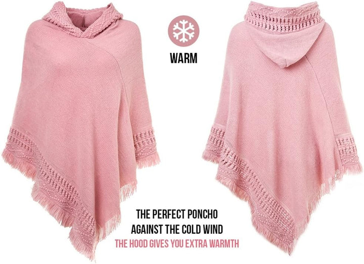 Ferand Damen Poncho mit Kapuze und gehäkeltem Cape mit Fransensaum für Herbst Winter Einheitsgrösse