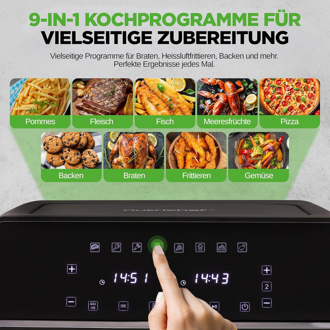 NutriChef Heissluftfritteuse 8L Doppelt – Airfryer mit 2 Fächern, Sichtfenster & 9 Programmen, max.