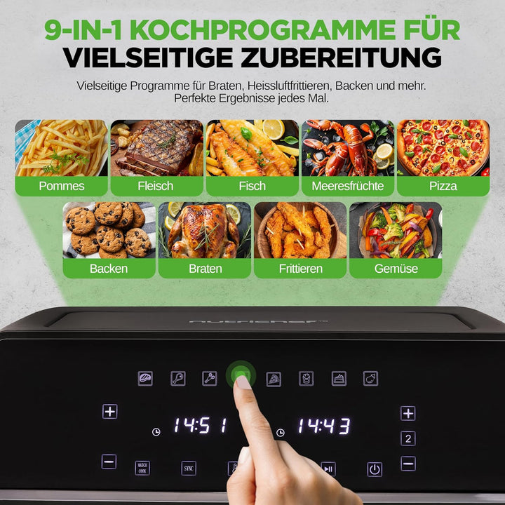 NutriChef Heissluftfritteuse 8L Doppelt – Airfryer mit 2 Fächern, Sichtfenster & 9 Programmen, max.