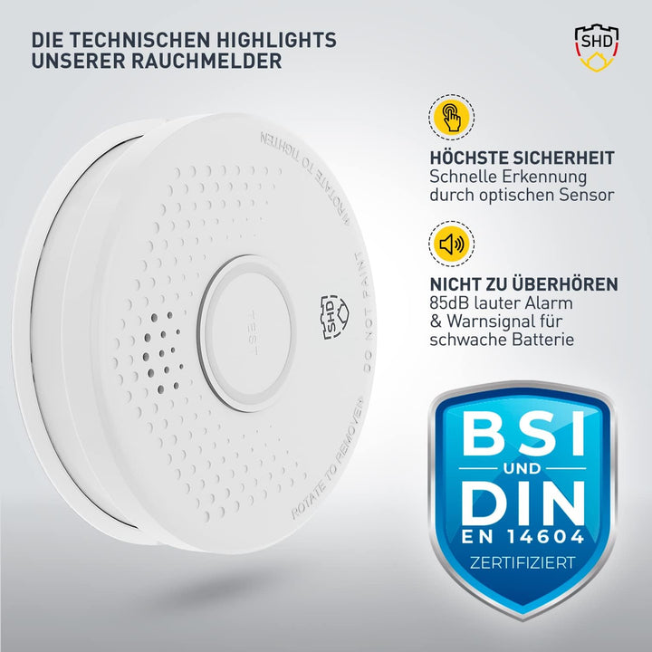 Rauchmelder 10er Set, 10 Jahre Garantie, DIN EN14604 geprüft, BSI Zertifiziert, 10 Stück Brandmelder